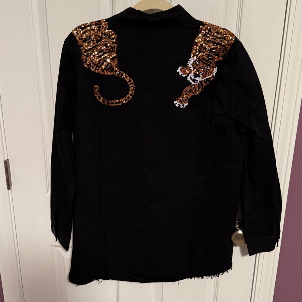 Blue B tiger sequin black brown utility denim jacket size large - Picture 7 of 8